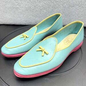 Belgian Shoes Midinette Loafers 9 M Flats Slippers Blue Yellow Trim Pink Sole